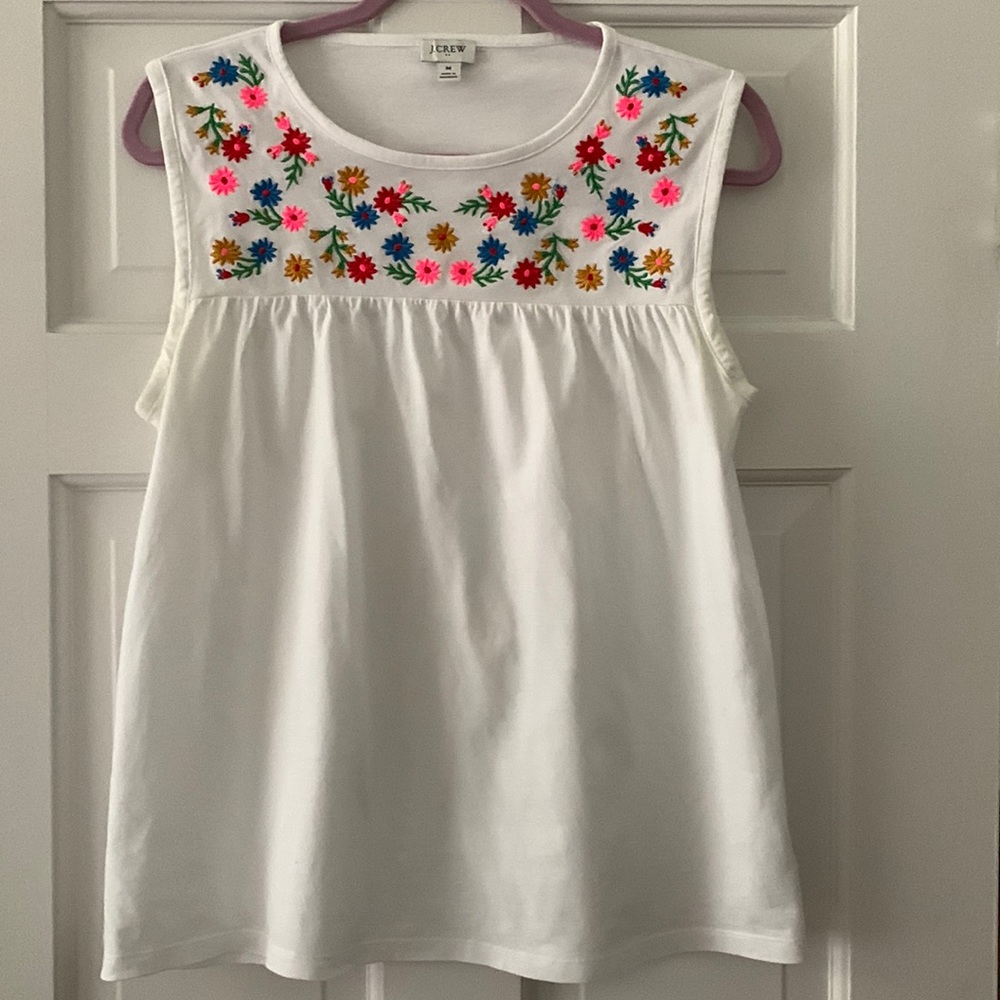 J. Crew White Cotton Tank with Embroidery